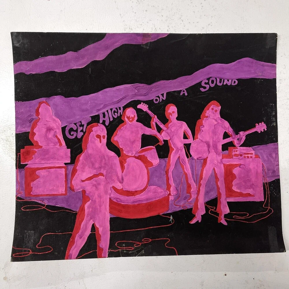 Vintage 1968 Psychedelic Band Drawing Get High On A Sound Pink Purple 15x18 OOAK